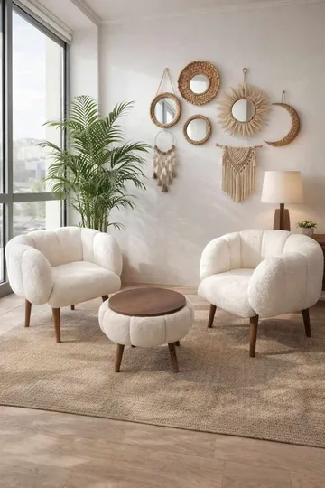 Lepotuoli- ja sohvapöytäsarja (3 osaa) Atelier Del Sofa Lotus Wellsoft (75 x 100 x 42 cm) Valkoinen - Huonekalut - Kalustesetit - Olohuoneen kalustesetit