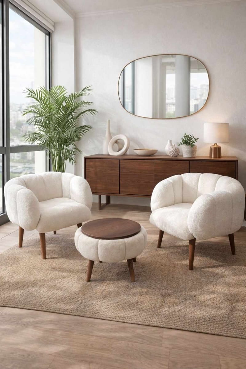 Lepotuoli- ja sohvapöytäsarja (3 osaa) Atelier Del Sofa Lotus Wellsoft (75 x 100 x 42 cm) Valkoinen - Huonekalut - Kalustesetit - Olohuoneen kalustesetit