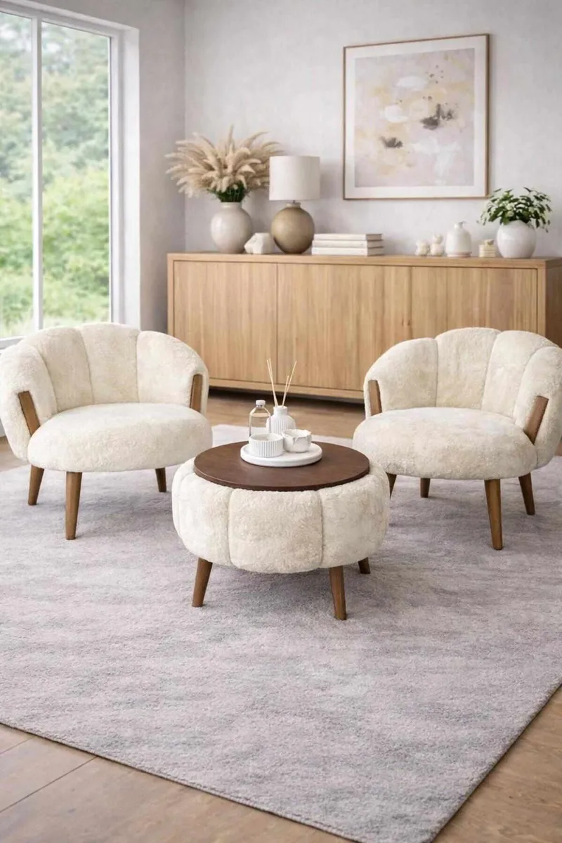 Lepotuoli- ja sohvapöytäsarja (3 osaa) Atelier Del Sofa Star (75 x 100 x 42 cm) Kermanvärinen - Huonekalut - Kalustesetit - Olohuoneen kalustesetit