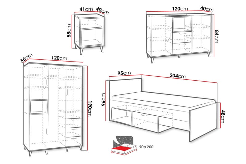 Makuuhuoneen kalustesetti Takeshi - Vihreä/Harmaa - Huonekalut - Kalustesetit - Makuuhuoneen kalustesetit