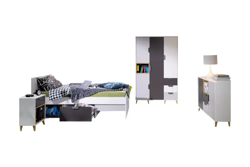 Makuuhuoneen kalustesetti Takeshi - Vihreä/Harmaa - Huonekalut - Kalustesetit - Makuuhuoneen kalustesetit