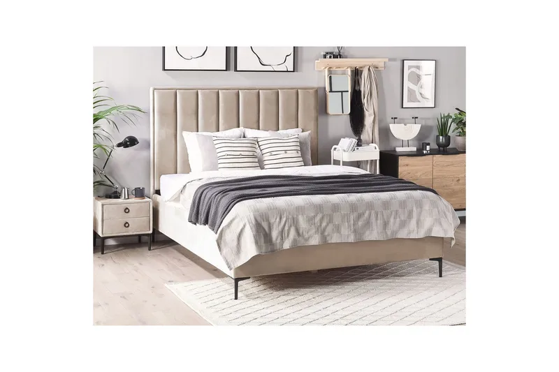 Makuuhuonesetti Sezanne Beige/harmaa/musta, 160x200 cm, Sametti - Beige/harmaa/musta, 160x200 cm, Sametti - Huonekalut - Kalustesetit - Makuuhuoneen kalustesetit