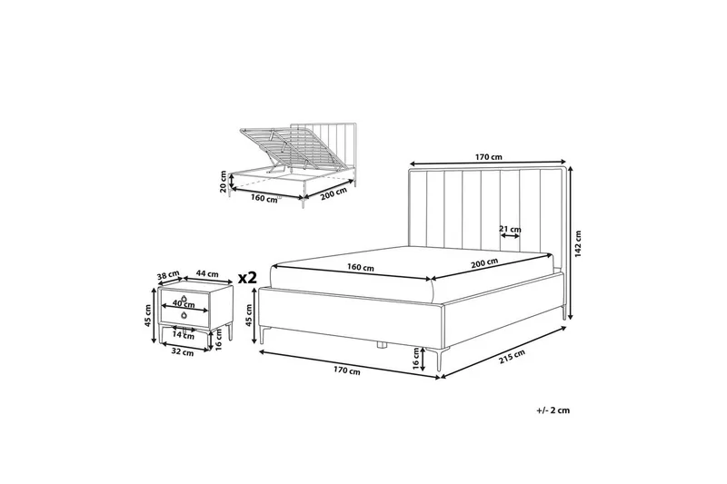 Makuuhuonesetti Sezanne Valkoinen/Musta, 160x200 cm, Bouclé - Valkoinen/Musta, 160x200 cm, Bouclé - Huonekalut - Kalustesetit - Makuuhuoneen kalustesetit