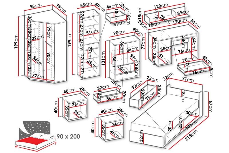 Metropolitan-Huonekalusetti Makuuhuoneeseen - Ruskea/Valkoinen/Vaaleanharmaa/Musta - Huonekalut - Kalustesetit - Makuuhuoneen kalustesetit