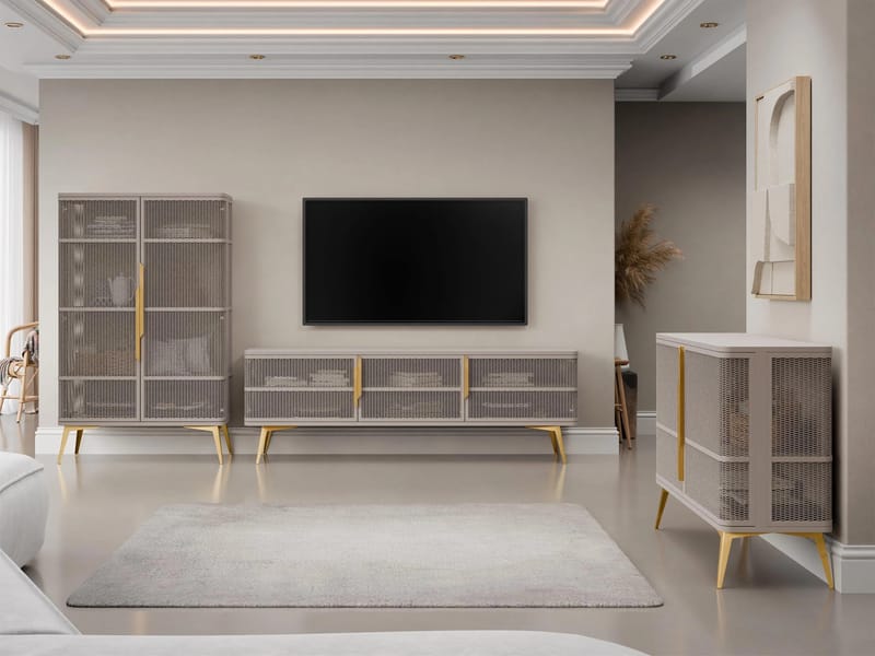 Mireva olohuoneen kalustesetti – TV-taso, vitriinikaappi ja senkki - beige, kulta - Huonekalut - Kalustesetit - Olohuoneen kalustesetit