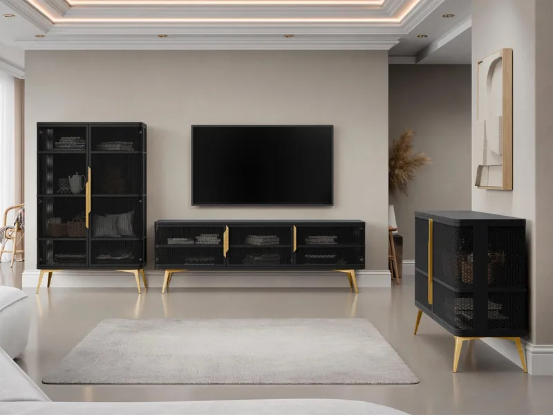 Mireva olohuoneen kalustesetti – TV-taso, vitriinikaappi ja senkki, musta, kulta