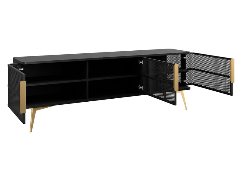 Mireva olohuoneen kalustesetti – TV-taso, vitriinikaappi ja senkki - musta, kulta - Huonekalut - Kalustesetit - Olohuoneen kalustesetit