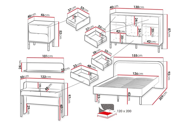 Monfort-Huonekalusetti Makuuhuoneeseen - Beige - Huonekalut - Kalustesetit - Makuuhuoneen kalustesetit