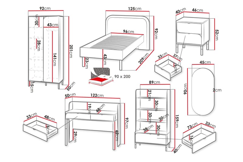 Monfort-Huonekalusetti Makuuhuoneeseen - Beige - Huonekalut - Kalustesetit - Makuuhuoneen kalustesetit