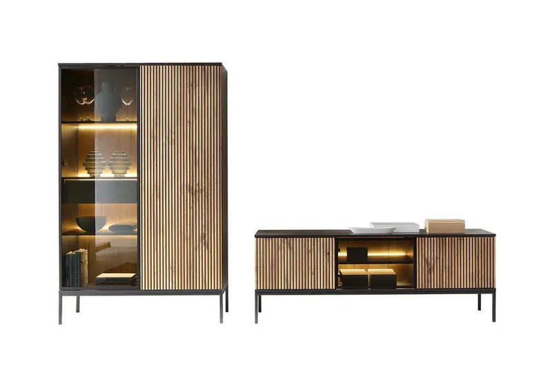 Klinkerville Huonekalusetti Olohuone – TV-taso ja Vitriinikaappi valaistuksella, Musta