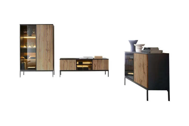 Klinkerville Huonekalusetti Olohuoneeseen valaistuksella penkki vitriinikaappi, Musta