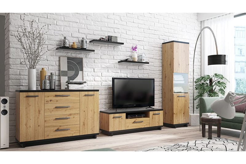 Olohuoneen kalustepaketti Ines - Tammi/Musta - Huonekalut - Kalustesetit - Olohuoneen kalustesetit