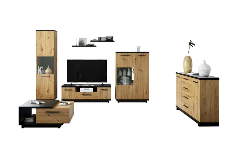 Olohuoneen kalustepaketti Ines - Tammi/Musta - Huonekalut - Kalustesetit - Olohuoneen kalustesetit
