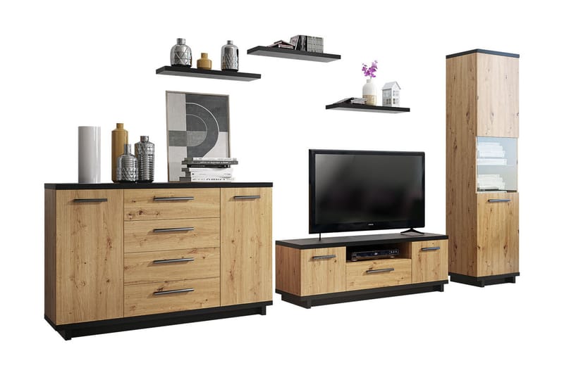 Olohuoneen kalustepaketti Ines - Tammi/Musta - Huonekalut - Kalustesetit - Olohuoneen kalustesetit