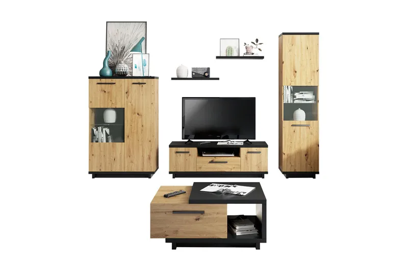 Olohuoneen kalustepaketti Ines - Tammi/Musta - Huonekalut - Kalustesetit - Olohuoneen kalustesetit