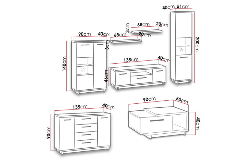 Olohuoneen kalustepaketti Ines - Tammi/Musta - Huonekalut - Kalustesetit - Olohuoneen kalustesetit