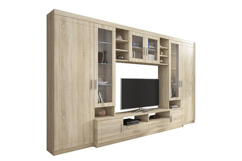 Olohuoneen kalustepaketti Paris 340x44x197,5 cm - Tammi/Valkoinen Led-valaistus - Huonekalut - Kalustesetit - Olohuoneen kalustesetit