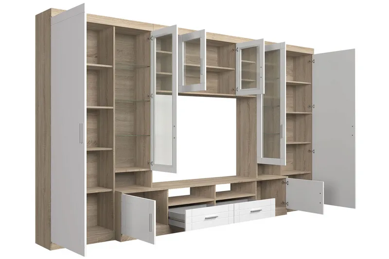 Olohuoneen kalustepaketti Paris 340x44x197,5 cm - Tammi/Valkoinen Led-valaistus - Huonekalut - Kalustesetit - Olohuoneen kalustesetit