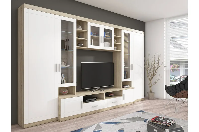 Olohuoneen kalustepaketti Paris 340x44x197,5 cm, Tammi/Valkoinen Led-valaistus