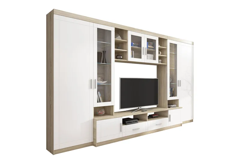 Olohuoneen kalustepaketti Paris 340x44x197,5 cm - Tammi/Valkoinen Led-valaistus - Huonekalut - Kalustesetit - Olohuoneen kalustesetit