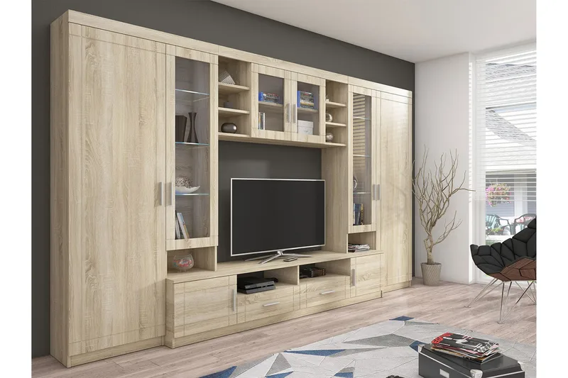 Olohuoneen kalustepaketti Paris 340x44x197,5 cm, Tammi/Valkoinen Led-valaistus