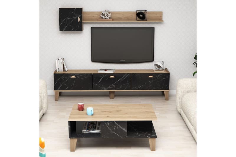 Olohuoneen kalustesetti 35x178 cm 3 osaa - Luonnonväri/Musta - Huonekalut - Kalustesetit - Olohuoneen kalustesetit