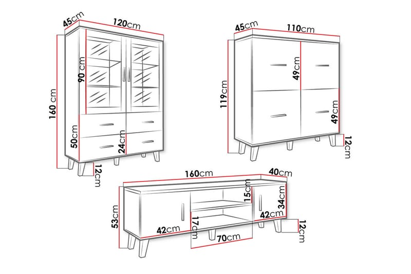 Olohuoneen kalustesetti Dudley - Luonnonväri/Musta - Huonekalut - Kalustesetit - Olohuoneen kalustesetit