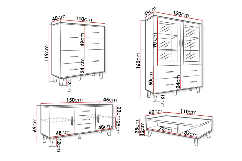 Olohuoneen kalustesetti Dudley - Luonnonväri/Musta - Huonekalut - Kalustesetit - Olohuoneen kalustesetit