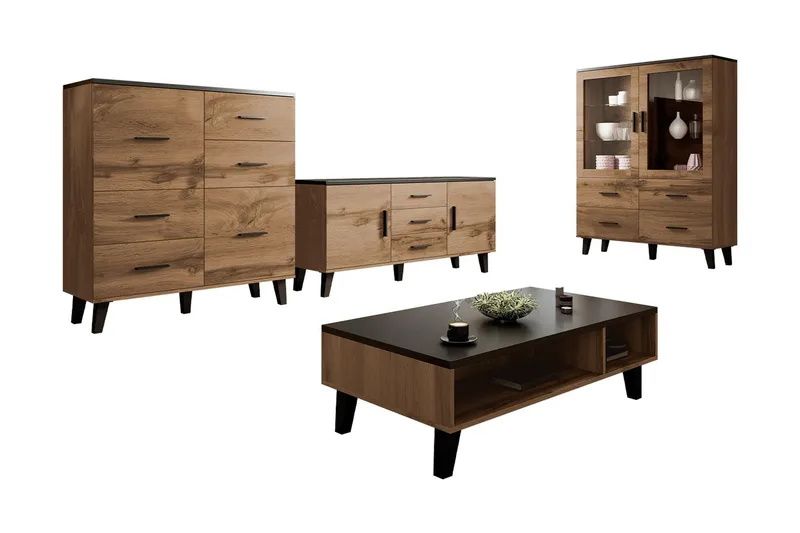 Olohuoneen kalustesetti Dudley - Luonnonväri/Musta - Huonekalut - Kalustesetit - Olohuoneen kalustesetit