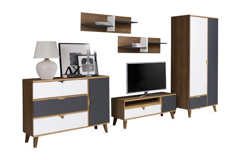 Olohuoneen kalustesetti Memone - Beige / Harmaa / Valkoinen - Huonekalut - Kalustesetit - Olohuoneen kalustesetit