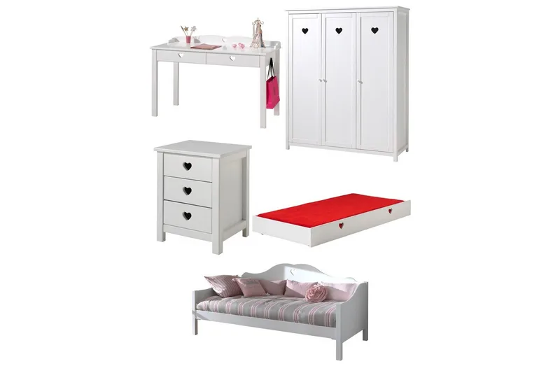 Sänky, jossa on laatikosto yöpöytä vaatekaappi kirjoituspöytä Amori Valkoinen, undefined