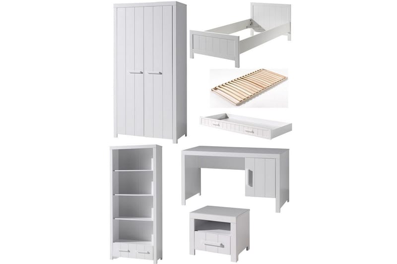 Sänky ja sälepohja Yöpöytä 2-ovinen vaatekaappi Kirjoituspöytä Kirjahylly Lipasto Erik, undefined