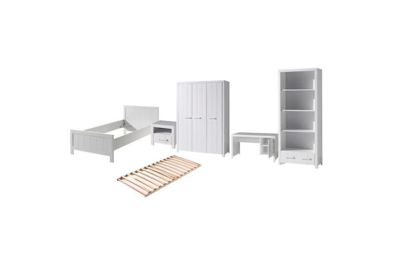 Sänky ja sälepohja Yöpöytä 3-ovinen vaatekaappi Kirjoituspöytä Kirjahylly Erik, undefined