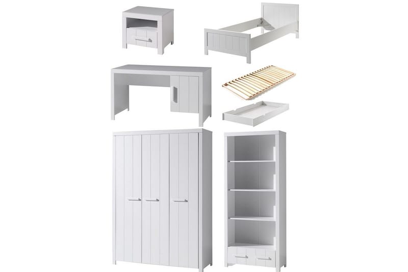 Sänky ja sälepohja Yöpöytä 3-ovinen vaatekaappi Kirjoituspöytä Kirjahylly Lipasto Erik, undefined