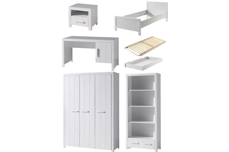 Sänky ja sälepohja Yöpöytä 3-ovinen vaatekaappi Kirjoituspöytä Kirjahylly Lipasto Erik, undefined