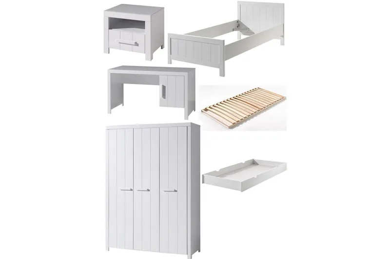 Sänky ja sälepohja Yöpöytä 3-ovinen vaatekaappi Kirjoituspöytä Lipasto Erik, undefined