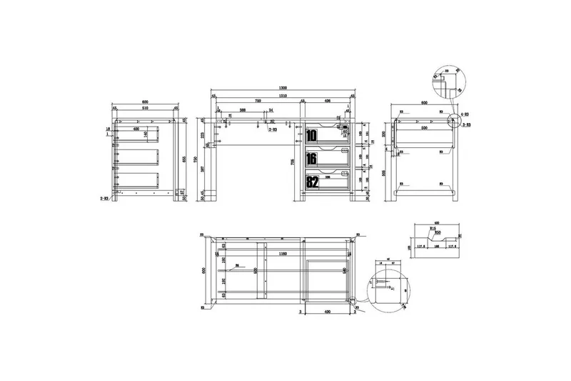 Sänky laatikolla, yöpöytä, kirjoituspöytä, vaatekaappi, kirjahylly Alex 2-ovinen - 2-ovinen - Huonekalut - Kalustesetit - Makuuhuoneen kalustesetit