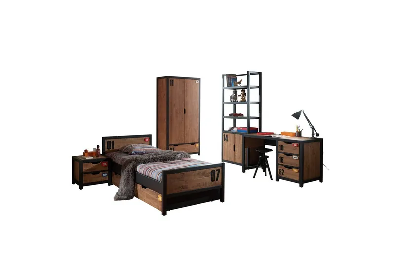 Sänky laatikolla, yöpöytä, kirjoituspöytä, vaatekaappi, kirjahylly Alex 2-ovinen, 2-ovinen
