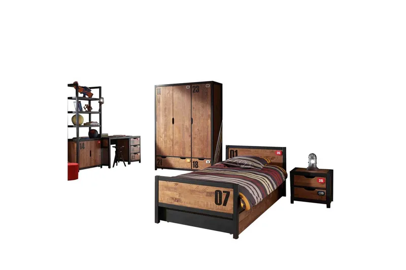 Sänky laatikolla, yöpöytä, kirjoituspöytä, vaatekaappi, kirjahylly Alex 3-ovinen, 3-ovinen