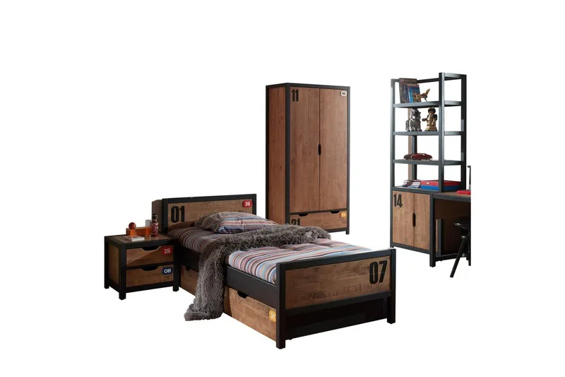 Sänky laatikolla, yöpöytä, vaatekaappi, kirjahylly Alex, undefined