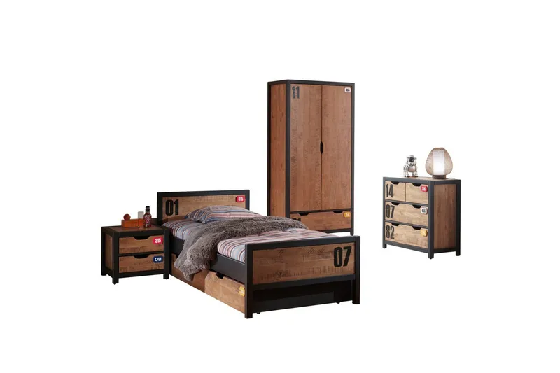 Sänky sälepohjalla, laatikolla, yöpöydällä, vaatekaapilla ja lipastolla Alex, undefined