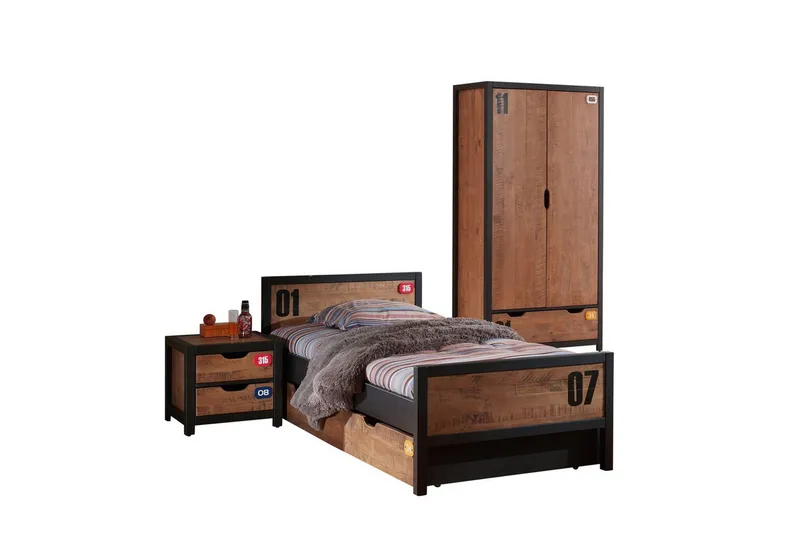 Sänky sälepohjalla, laatikolla, yöpöydällä ja 2-ovinen vaatekaappi Alex, undefined