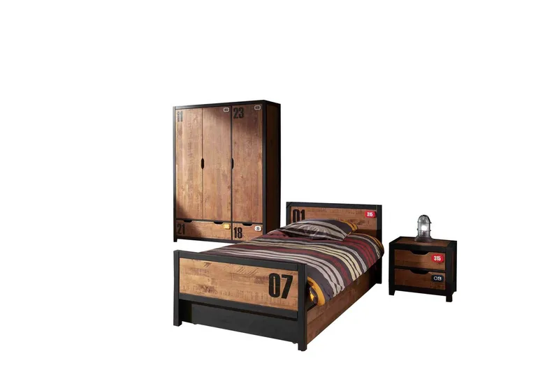 Sänky sälepohjalla, laatikolla, yöpöydällä ja 3-ovinen vaatekaappi Alex, undefined