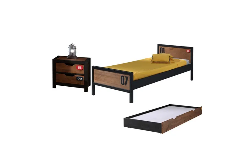 Sänky sälepohjalla, laatikolla ja yöpöydällä Alex, undefined