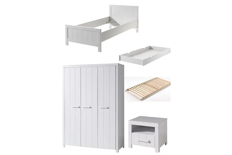 Sänky sälepohjalla Yöpöytä 3-ovinen vaatekaappi Vetolaatikko Erik, undefined