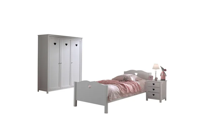 Sänky sälepohjalla Yöpöytä Vaatekaappi Amori Valkoinen 3-ovinen, 3-ovinen