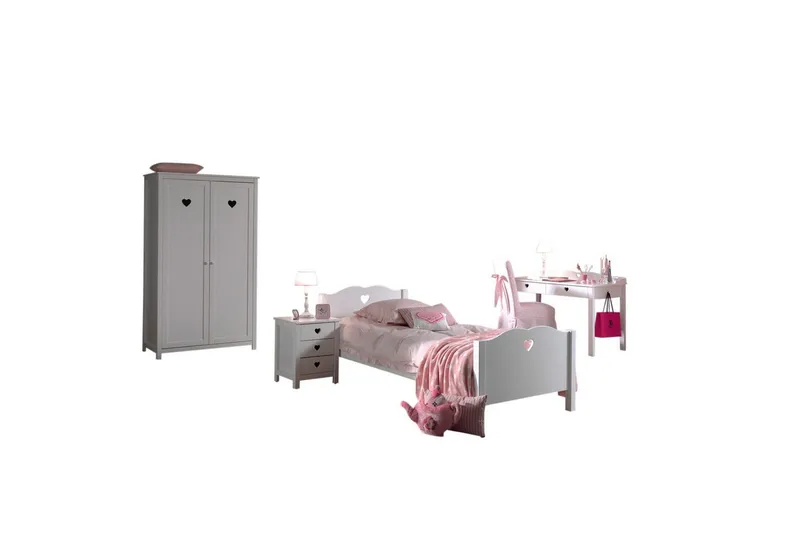 Sänky sälepohjalla Yöpöytä Vaatekaappi Työpöytä Amori Valkoinen 2-ovinen, 2-ovinen