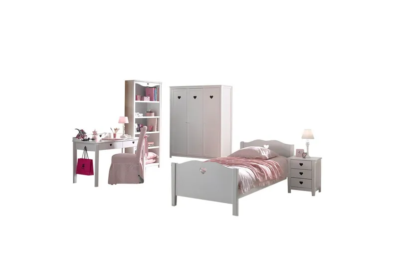 Sänky sälepohjalla Yöpöytä Vaatekaappi Työpöytä Kirjahylly Amori Valkoinen 2-ovinen, 2-ovinen