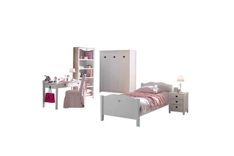 Sänky sälepohjalla Yöpöytä Vaatekaappi Työpöytä Kirjahylly Amori Valkoinen 3-ovinen, 3-ovinen