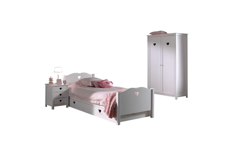 Sänky sälepohjalla Yöpöytä Vaatekaappi Vetolaatikko Amori Valkoinen 2-ovinen, 2-ovinen